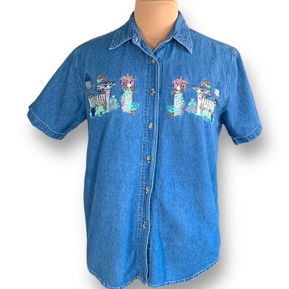Vintage Bobbie Brooks Shirt Chambray Medium Wash Denim Button Up Birds Flower - Picture 10 of 10